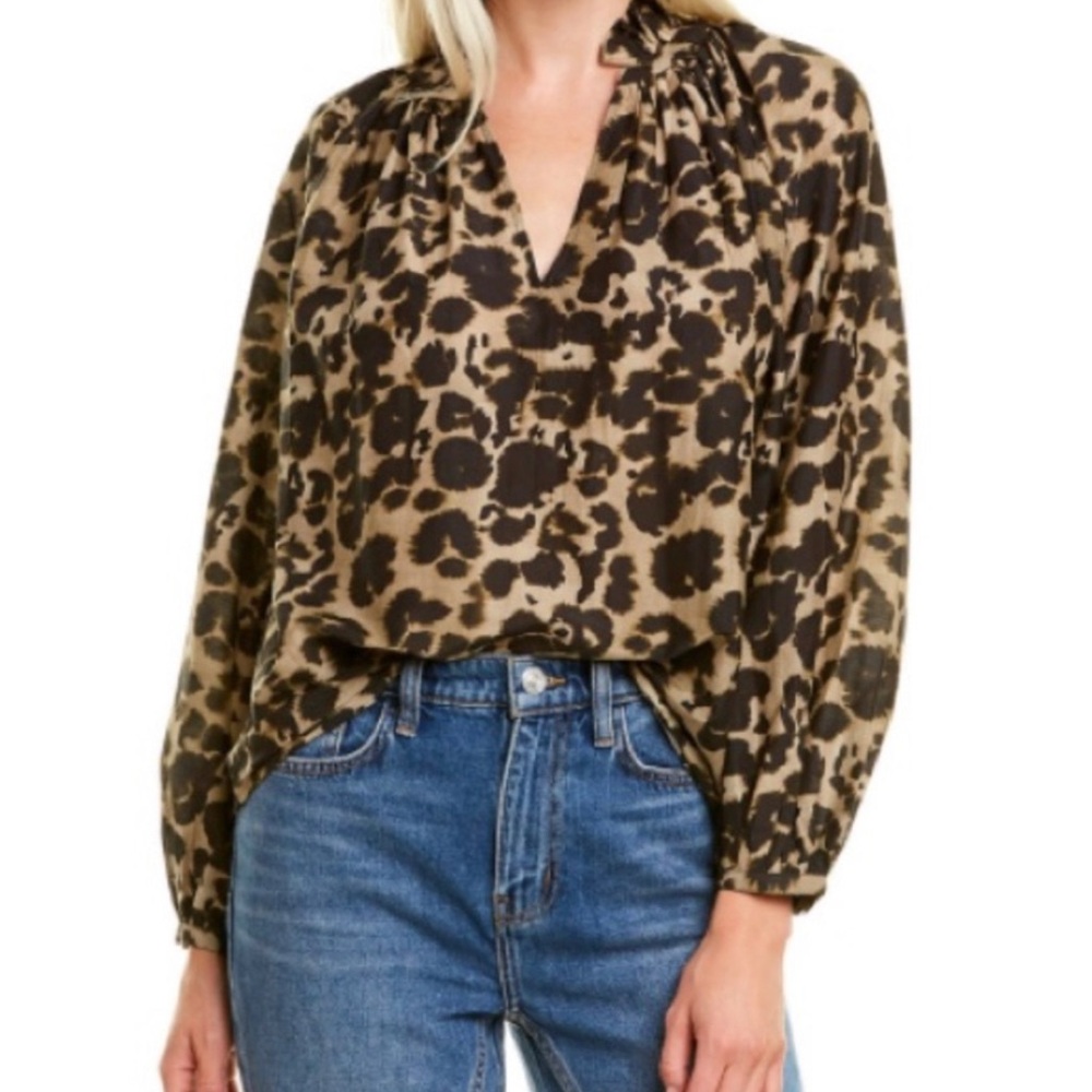 Current/Elliott Annabelle silk blend leopard print blouse with ruffle collar.